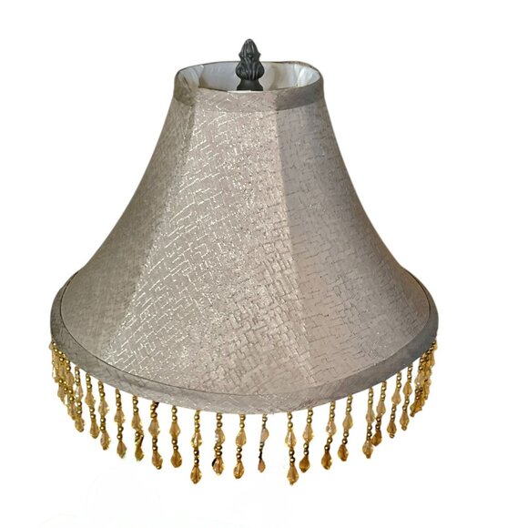 Vintage Beige Textured Lamp Shade Beaded Fringe For Table Or Floor Lamp - Picture 1 of 7